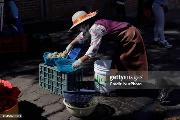 Vegetable vendor in the streets of downtown Santiago Tulyehualco , Mexico City, during the COVID-19 emergency and the yellow epidemiological traffic...