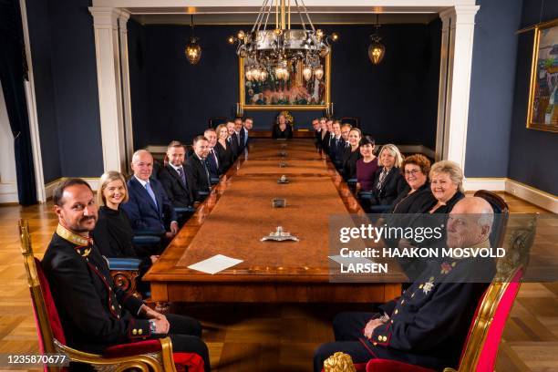 Ministers of Norway's Solberg government meet the King for their last ministerial meeting at the Palace in Oslo on October 14, 2021: Crown Prince...