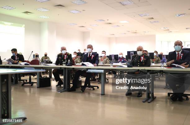 Turkish National Defense Minister Hulusi Akar, accompanied by Turkey's Chief of General Staff Gen. Yasar Guler, Turkey's Land Forces Commander...