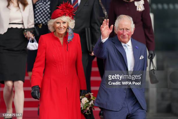 Prince Charles, Prince of Wales and Camilla, Duchess of Cornwall leave after attending the opening ceremony of the sixth session of the Senedd at The...
