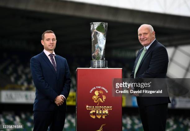 Belfast , United Kingdom - 14 October 2021; FAI President Gerry McAnaney, right, and League of Ireland Director Mark Scanlon during the Unite the...