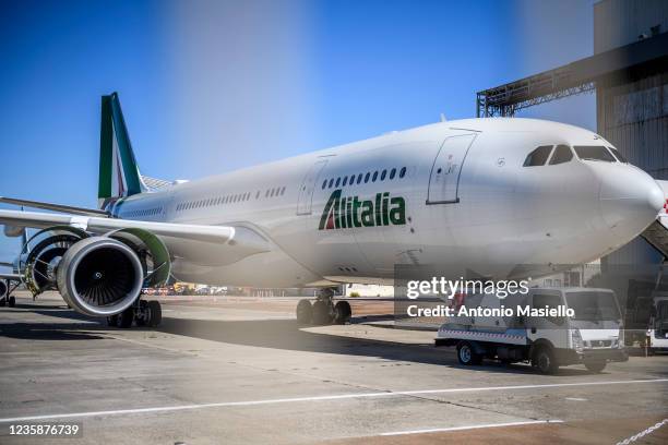 General view of an Alitalia airplane parked in the technical area of Fiumicino airport during the last day of Italian airline Alitalia operations, on...