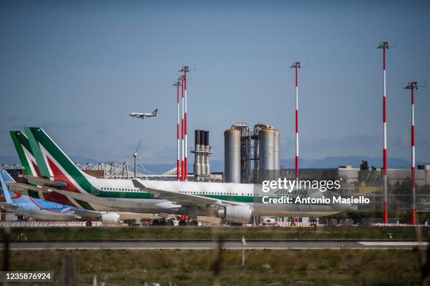 An Alitalia airplane taking off on the runway of the Fiumicino airport during the last day of Italian airline Alitalia operations, on October 14,...