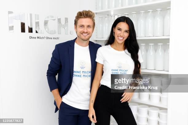 Hanna Weig and her husband Joern Schloenvoigt during the Initiative Milch event at Supercandy Pop-up Museum Cologne on October 14, 2021 in Cologne,...