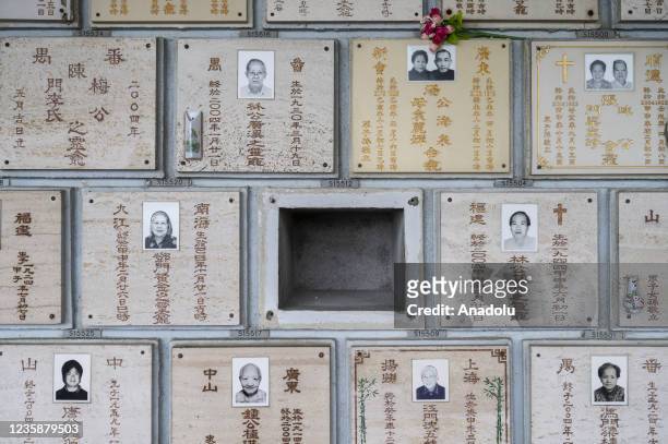An empty columbarium slot is seen at the Chai Wan crematorium cemetery during the annual Chung Yeung Festival when people pay respect to the departed...