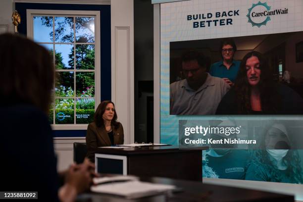 Vice President Kamala Harris and Sen. Tammy Duckworth participate in a virtual townhall organized by Care Cant Wait in the South Court Auditorium in...