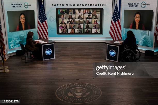 Vice President Kamala Harris and Sen. Tammy Duckworth participate in a virtual townhall organized by Care Cant Wait in the South Court Auditorium in...