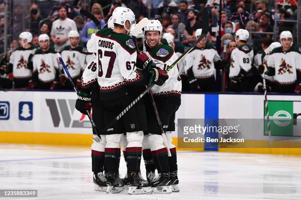Anton Stralman of the Arizona Coyotes celebrates with teammates after his goal against the Columbus Blue Jackets in the second period at Nationwide...