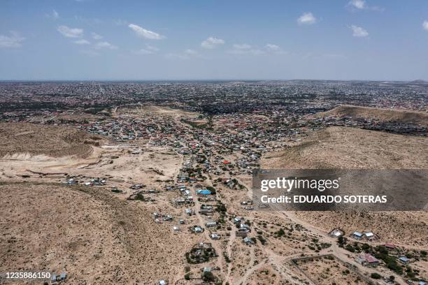 An aerial view shows the city of Hargeisa from the outskirts of the city, in Somaliland, on September 16, 2021. - For 30 years, Somaliland has tried...