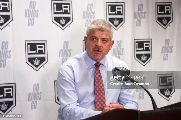 Todd McLellan Head Coach of the Los Angeles Kings speaks to the media after their win against the Vegas Golden Knights at STAPLES Center on October...