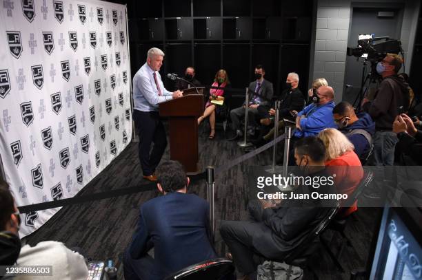 Todd McLellan Head Coach of the Los Angeles Kings speaks to the media after their win against the Vegas Golden Knights at STAPLES Center on October...