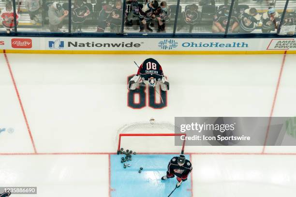 Columbus Blue Jackets goaltender Elvis Merzlikins during warm-ups before the game between the Columbus Blue Jackets and the Arizona Coyotes at...