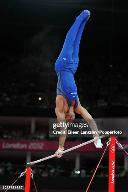 Danell Leyva representing the United States competing on horizontal bar during the mens artistic qualification on day 1 of the 2012 Summer Olympics...