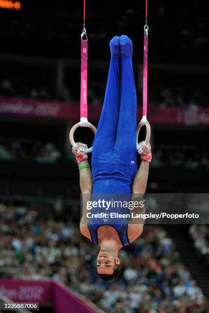 Danell Leyva representing the United States competing on rings during the mens artistic qualification on day 1 of the 2012 Summer Olympics at the...