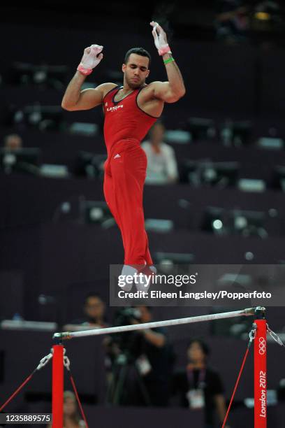 Danell Leyva of the United States on horizontal bar during the men's team official training before the start of the 2012 Summer Olympics at the North...