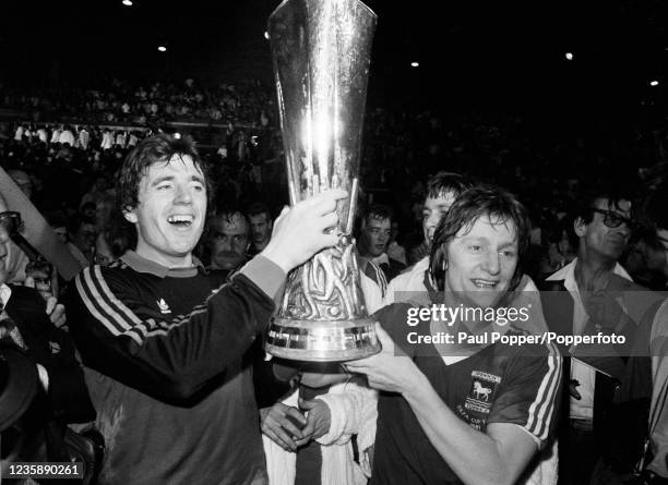 Ipswich Town goalkeeper Paul Cooper and teammate Eric Gates celebrate with the trophy after the UEFA Cup Final 2nd Leg between AZ Alkmaar and Ipswich...