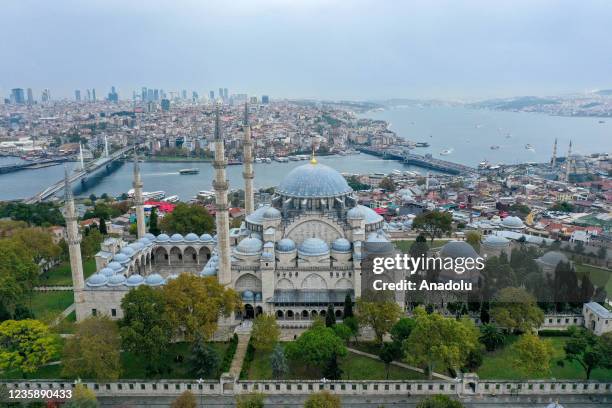 Drone point of view of the historic Suleymaniye Mosque, one of the masterworks by famed Ottoman architect Mimar Sinan, in Istanbul, Turkey on October...