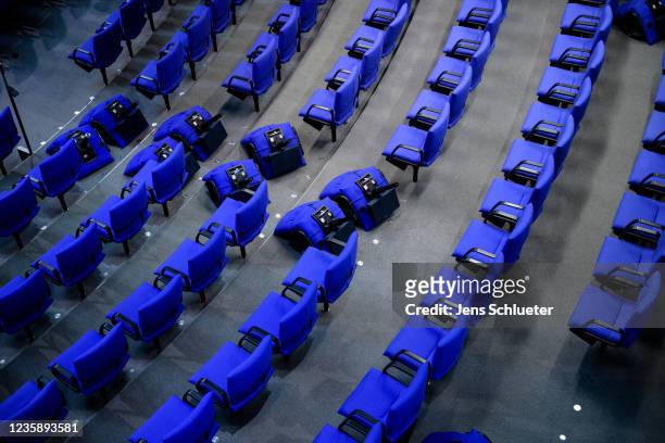 Chairs in the plenary hall of the Bundestag, Germany's parliament, to accommodate the new constellation of party mandates following recent...