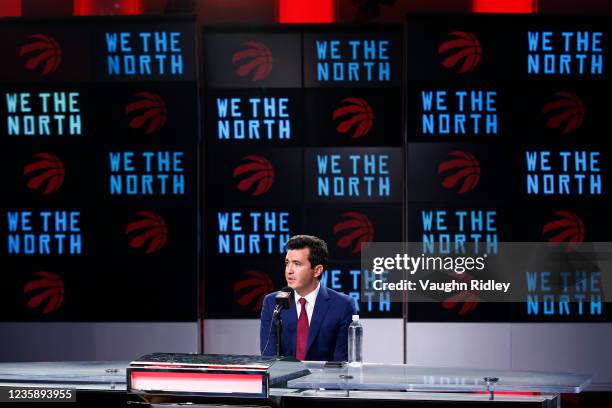 Bobby Webster of the Toronto Raptors speaks to the media at a press conference during NBA Media Day on September 27, 2020 at the Scotiabank Arena in...