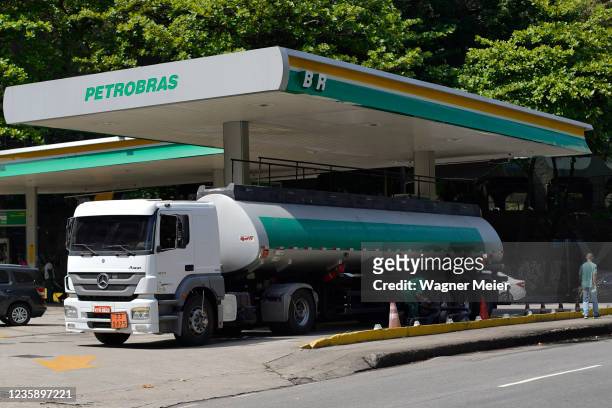 Fuel truck is parked at a Petrobras gas station at the south zone of Rio de Janeiro, Brazil on October 15, 2021 in Rio de Janeiro, Brazil. President...