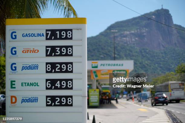 List of prices at a gas station near the Christ the Redeemer at south zone of Rio de Janeiro on October 15, 2021 in Rio de Janeiro, Brazil. President...
