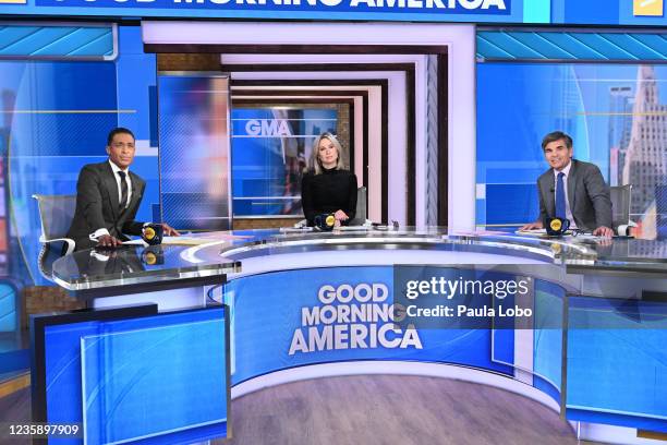 Show coverage of Good Morning America, on Monday, October 11, 2021 on ABC. TJ HOLMES, AMY ROBACH, GEORGE STEPHANOPOULOS