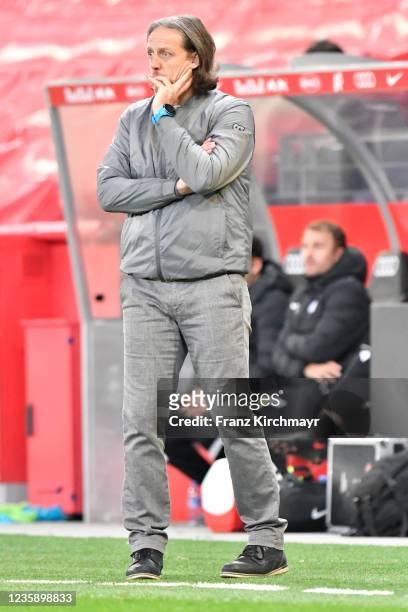 Head coach Rene Aufhauser of Liefering during the 2. Liga match between FC Liefering and FC Juniors OOe at Red Bull Arena on October 15, 2021 in...
