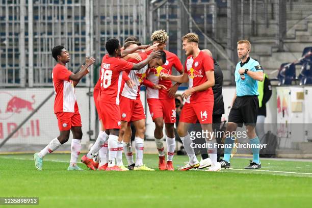 Players of FC Liefering celebrate after scoring a goal at the 2. Liga match between FC Liefering and FC Juniors OOe at Red Bull Arena on October 15,...