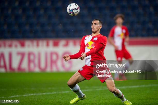 Roko Simic of FC Liefering during the 2. Liga match between FC Liefering and FC Juniors Ooe at Red Bull Arena on October 15, 2021 in Salzburg,...