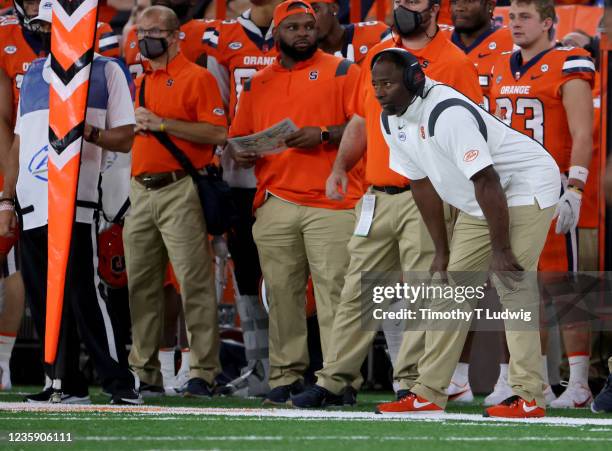 Dino Babers head coach of the Syracuse Orange watches from the sideline during the second half against the Clemson Tigers at Carrier Dome on October...