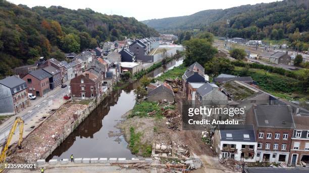View of the flood damaged areas near the river Vesdre, which runs through the city of Pepinster in Liege, Belgium following heavy rains, on October...