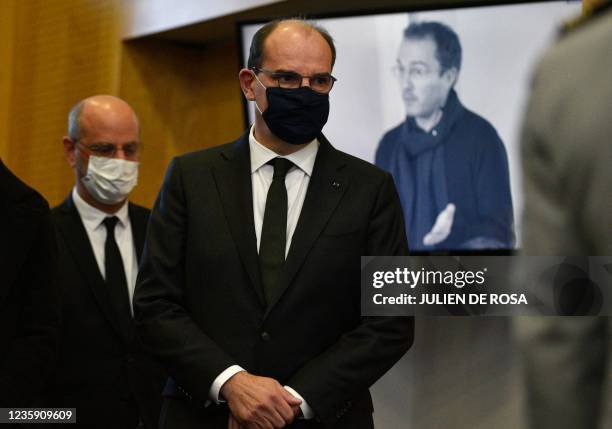 French Prime Minister Jean Castex and French Education Minister Jean-Michel Blanquer attend the unveiling of a memorial plaque at the French...