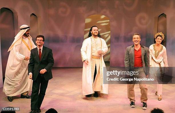 Actors Bill Nolte, Keith Gerchak, Bruce Warren,James Beaman and Sarah Stiles perform during the curtain call during the Off-Broadway opening night of...