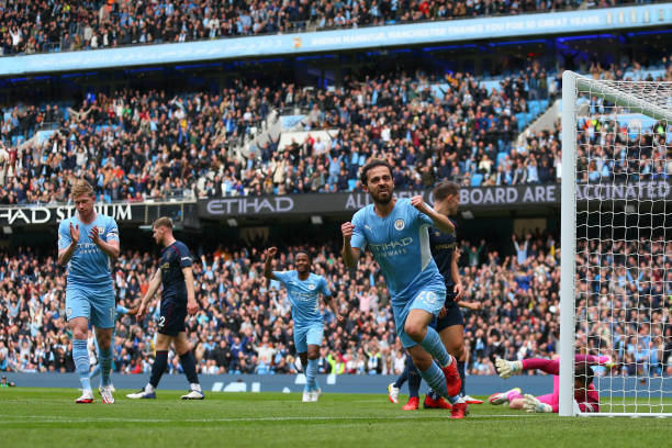 Bernardo Silva of Manchester City celebrates after scoring a goal to make it 1-0 during the Premier League match between Manchester City and Burnley...