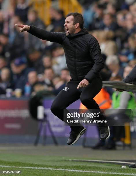 Luton Town manager Nathan Jones reacts during the Sky Bet Championship match between Millwall and Luton Town at The Den on October 16, 2021 in...