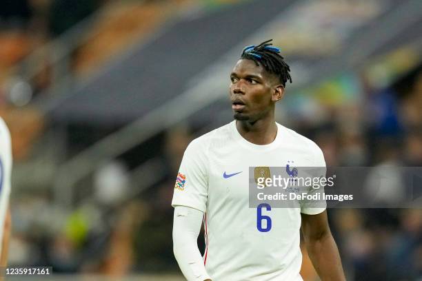 Paul Pogba of France looks on during the UEFA Nations League Final match between the Spain and France at San Siro Stadium on October 10, 2021 in...