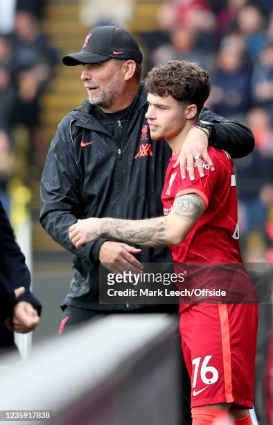 Liverpool manager Jurgen Klopp with substitute Neco Williams during the Premier League match between Watford and Liverpool at Vicarage Road on...