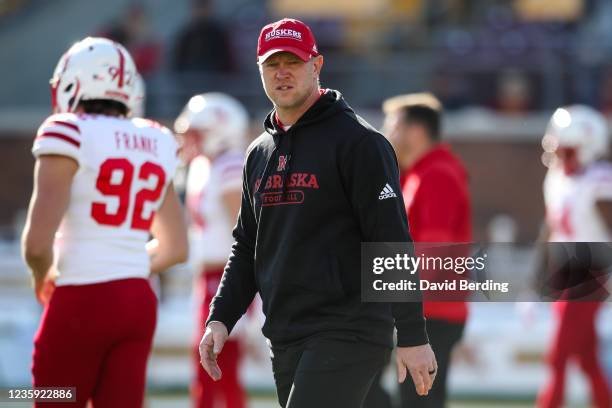 Head coach Scott Frost of the Nebraska Cornhuskers looks on before the start of the game against the Minnesota Golden Gophers at Huntington Bank...