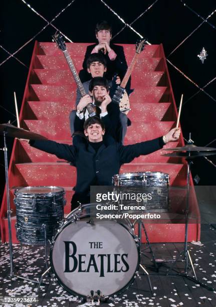 The Beatles John Lennon, George Harrison, Paul McCartney and Ringo Starr photographed before the final concert in a series of Christmas shows at The...