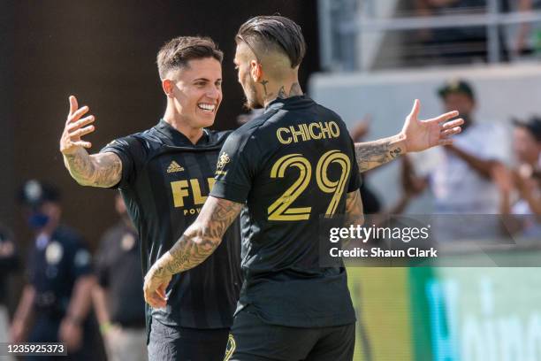 Christian Arango of Los Angeles FC celebrates his goal during the match against San Jose Earthquakes at Banc of California Stadium on October 16,...