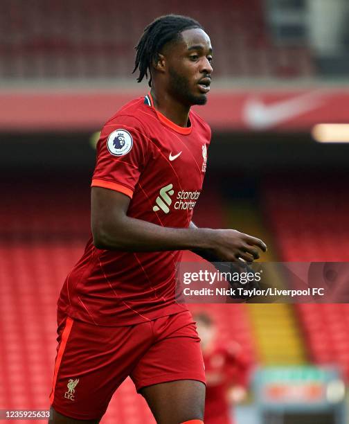 James Balagizi of Liverpool in action during the PL2 game at Anfield on October 16, 2021 in Liverpool, England.