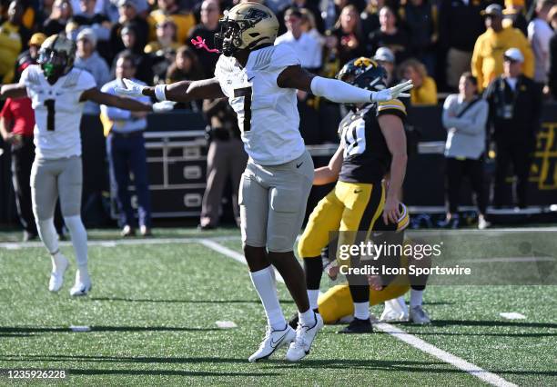 Purdue cornerback Jamari Brown celebrates after Iowa place kicker Caleb Shudak misses a field goal during a college football game between the Purdue...