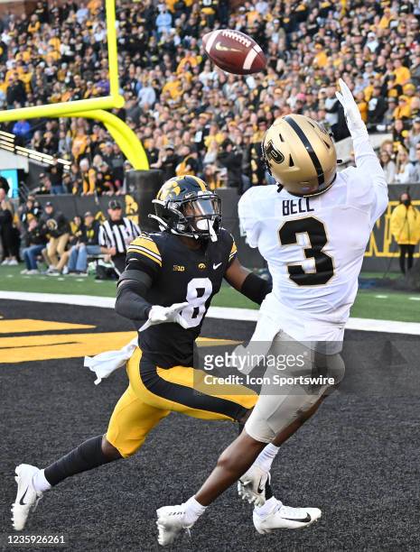 Purdue wide receiver David Bell catches a touchdown pass as Iowa defensive back Matt Hankins defends during a college football game between the...