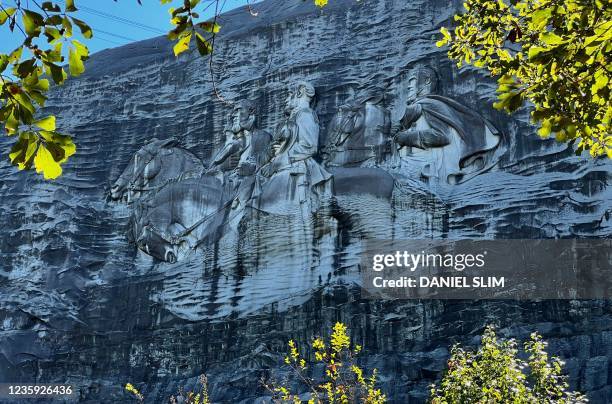 The carving of three Confederate leaders, Stonewall Jackson, Robert E. Lee and Jefferson Davis, is pictured at Stone Mountain State Park in Georgia...