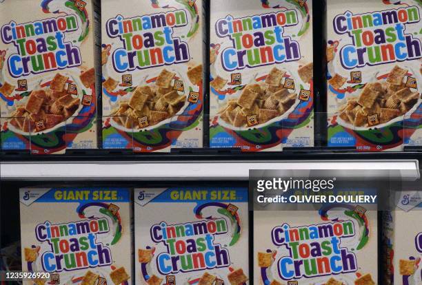 General Mills' Cinnamon Toast Crunch 18.8-ounce boxes are on display on a supermarket shelf on October 15 in Arlington, Virginia. - More air in that...