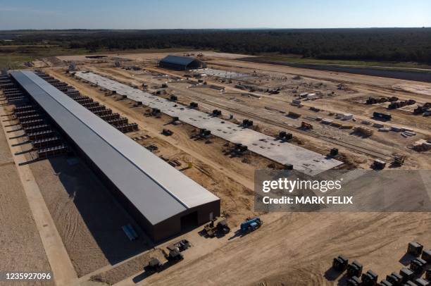 An aerial view of the Whinstone US Bitcoin mining facility in Rockdale, Texas, on October 9, 2021. - The long sheds at North America's largest...