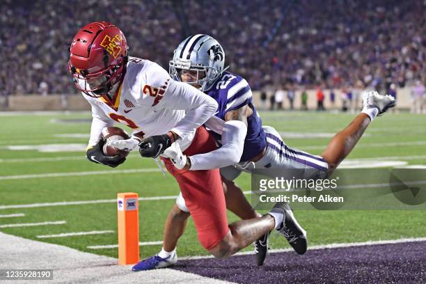 Wide receiver Sean Shaw Jr. #2 of the Iowa State Cyclones catches a touchdown pass against defensive back Julius Brents of the Kansas State Wildcats,...