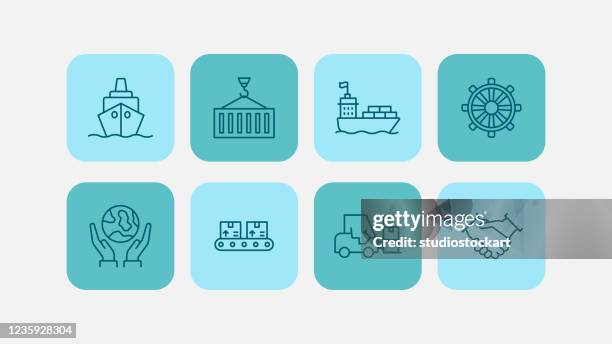 shipping process line icon set - construction crew stock illustrations