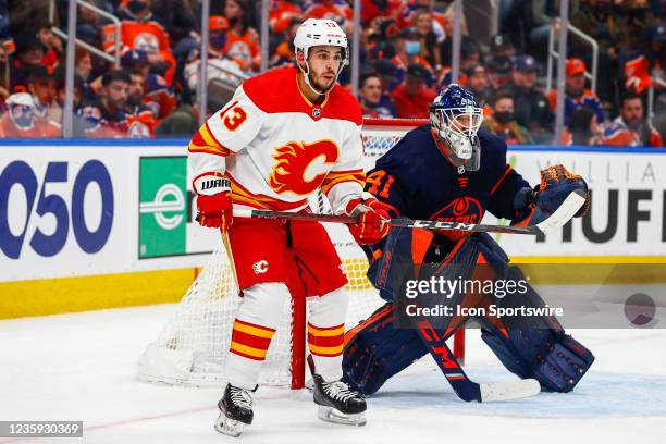 Calgary Flames Left Wing Johnny Gaudreau waits for a shot on Edmonton Oilers Goalie Mike Smith in the second period during the Edmonton Oilers game...