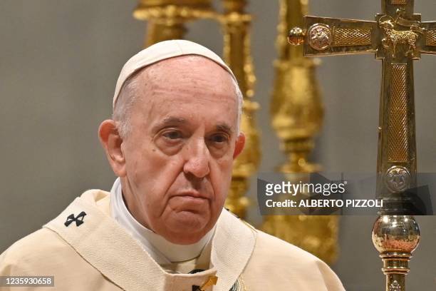 Pope Francis holds an episcopal ordination mass on October 17, 2021 at St. Peter's basilica in The Vatican.